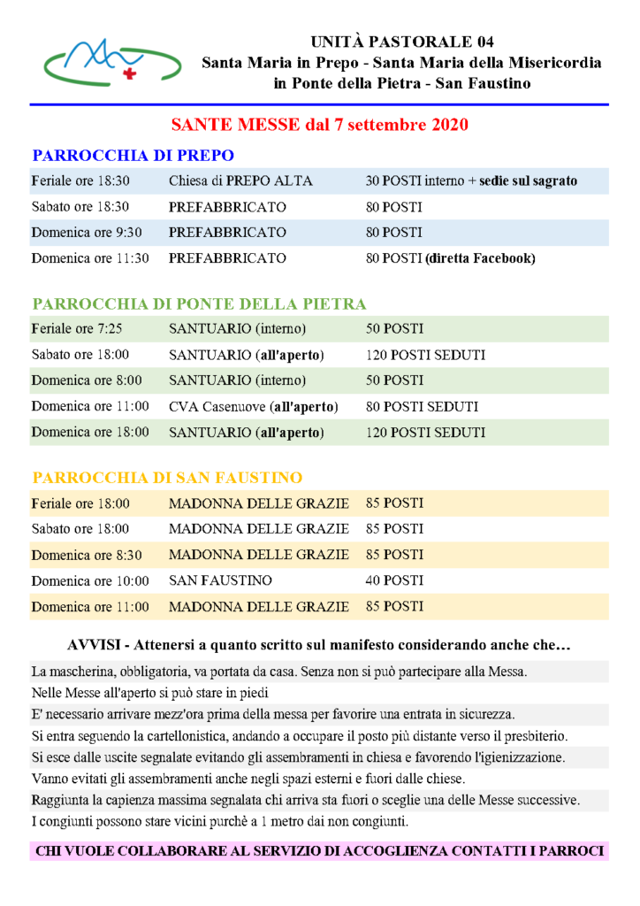 Calendario Messe dal 7 settembre 2020